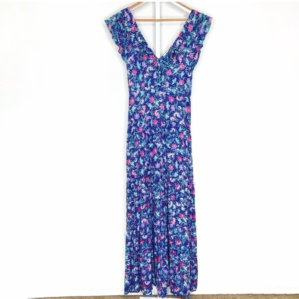 Poupette St Barth Della Maxi Dress Belted Blue Pink Ruffle Sleeve Tiered Skirt - Picture 4 of 16